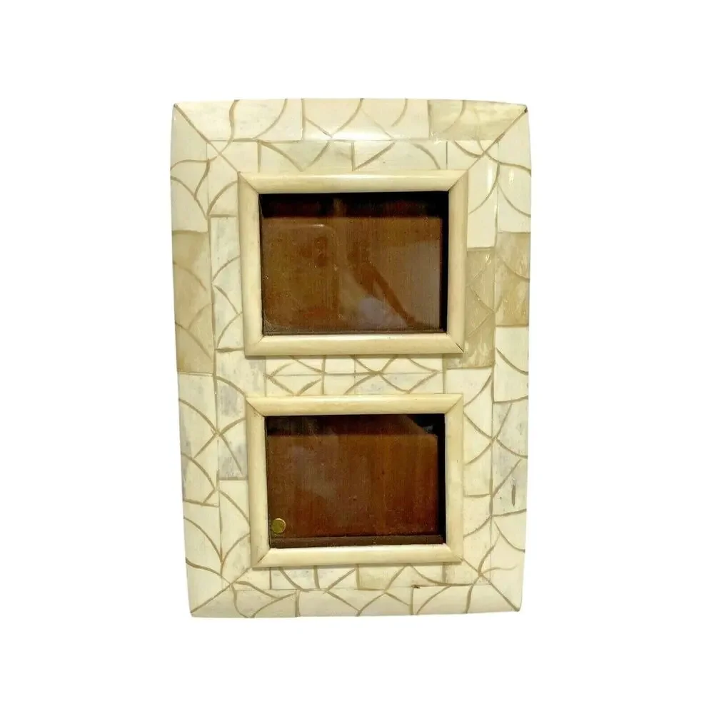 Unique double photo frame wood & stone two pictures standing table top holder